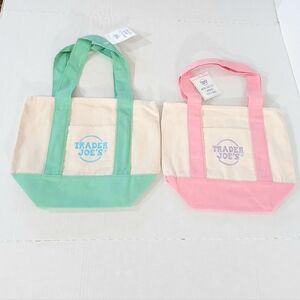 Trader Joe's Mini Pastel Canvas Tote Bags Green & Pink New with Tags Set of 2